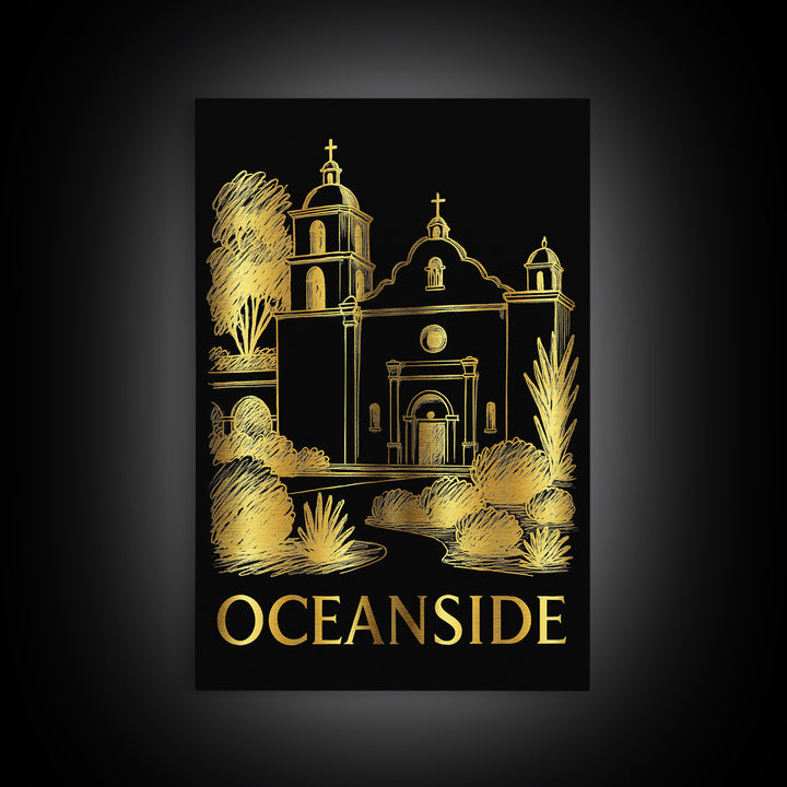 Oceanside Travel Poster, Framed Canvas Print, Black And Gold Line Art, Oceanside Travel Art, Fine Art Print, Eclectic Wall Decor