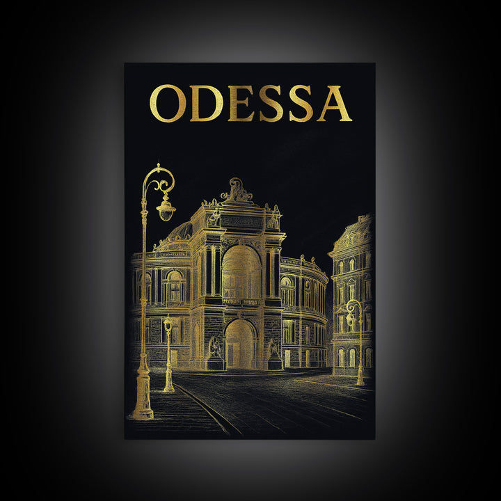 Odessa Texas Travel Poster, Framed Canvas Print, Dark Background Poster Art, Odessa Poster Print, Travel Poster Set, City Illustration