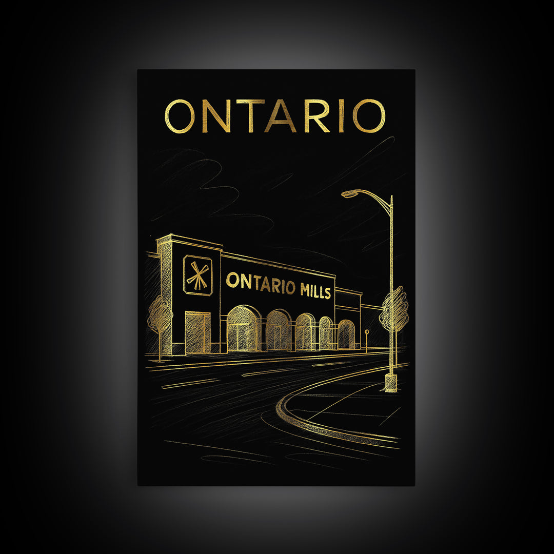 Ontario California Travel Poster, Framed Canvas Print, Black And Gold Line Art, Ontario City Art, Vintage Travel Print, Vintage Travel Art
