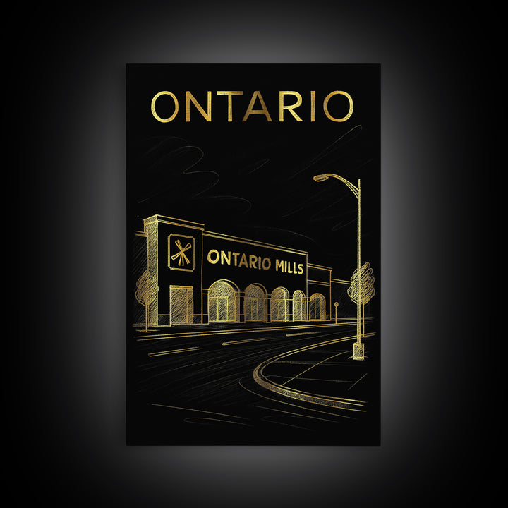 Ontario California Travel Poster, Framed Canvas Print, Black And Gold Line Art, Ontario City Art, Vintage Travel Print, Vintage Travel Art