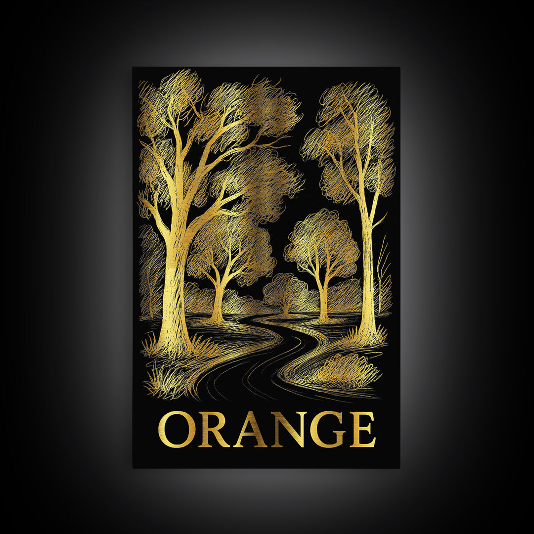 Orange Travel Poster, Canvas Print, Gold Sketch Wall Art, Orange Travel Art, Vintage City Art, Travel Art Print, Living Room Wall Art