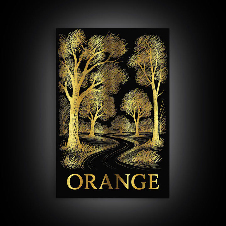 Orange Travel Poster, Canvas Print, Gold Sketch Wall Art, Orange Travel Art, Vintage City Art, Travel Art Print, Living Room Wall Art