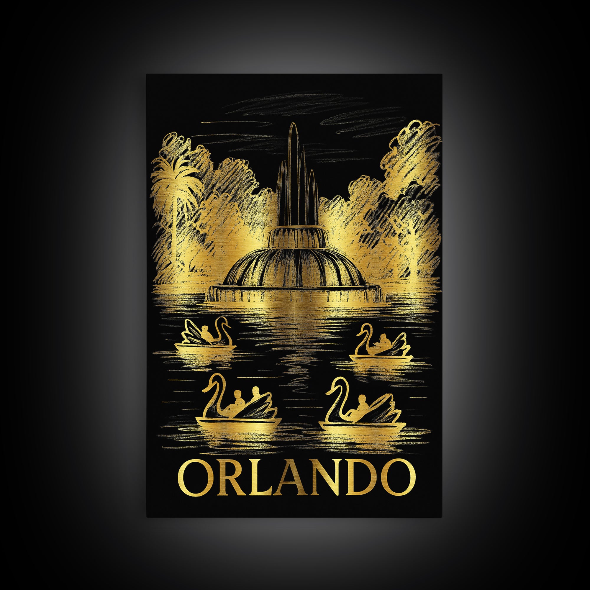 Orlando Travel Poster, Framed Canvas Print, Black And Gold Line Art, Orlando Art Print, Vintage City Poster, City Art Print, Art Print