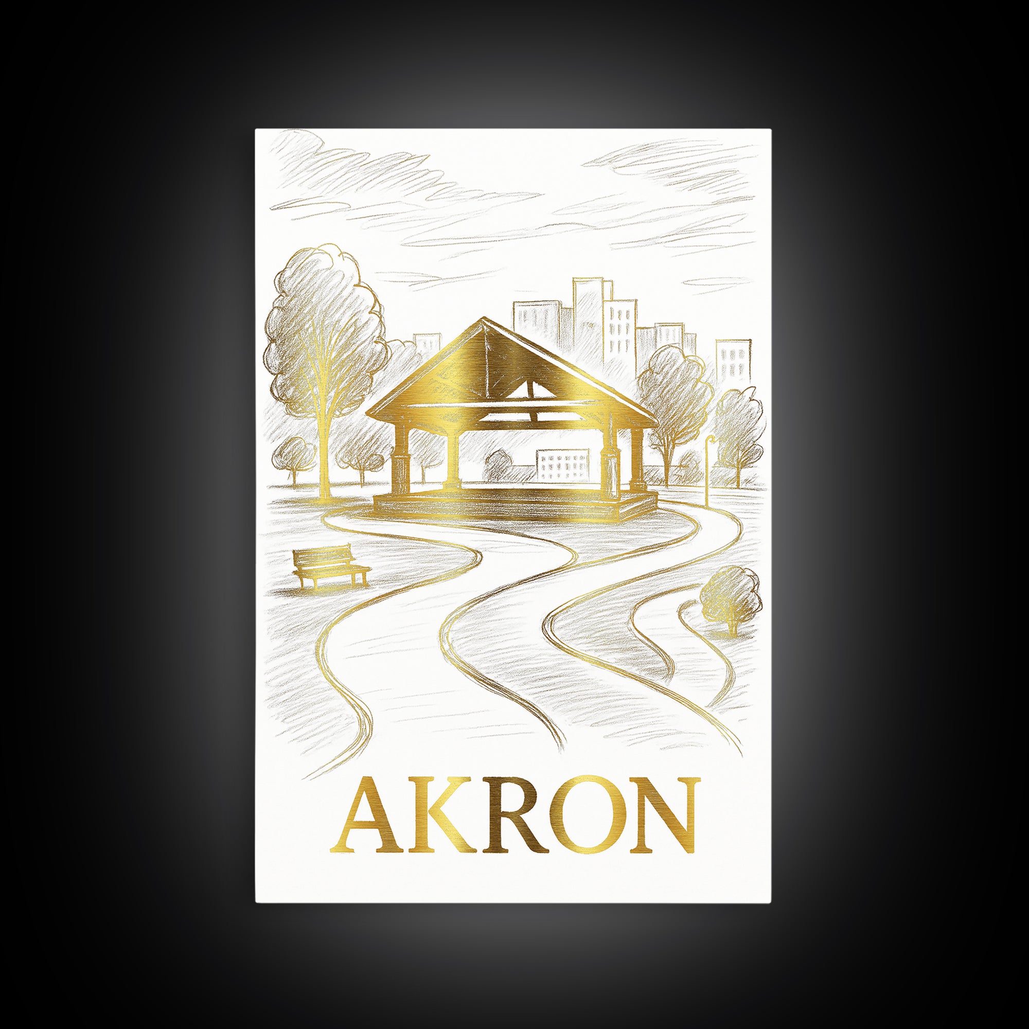 Akron Travel Poster, Framed Canvas Print, Gold Line Drawing Wall Art, Akron City Art, Living Room Wall Art, Travel Wall Decor, Design 2