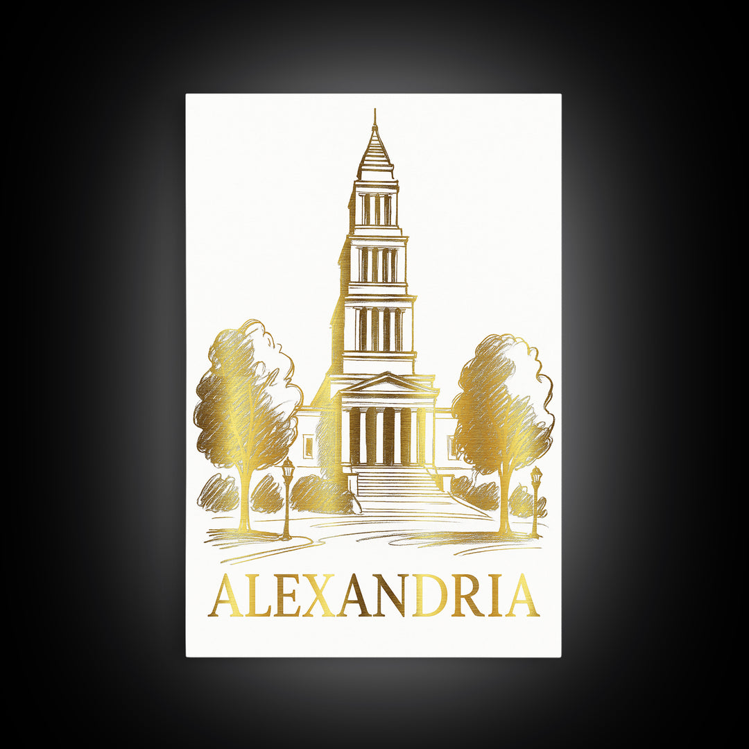 Alexandria Travel Poster, Canvas Print, Gold Line Drawing Wall Art, Alexandria Travel Art, Home Office Decor, Travel Wall Decor
