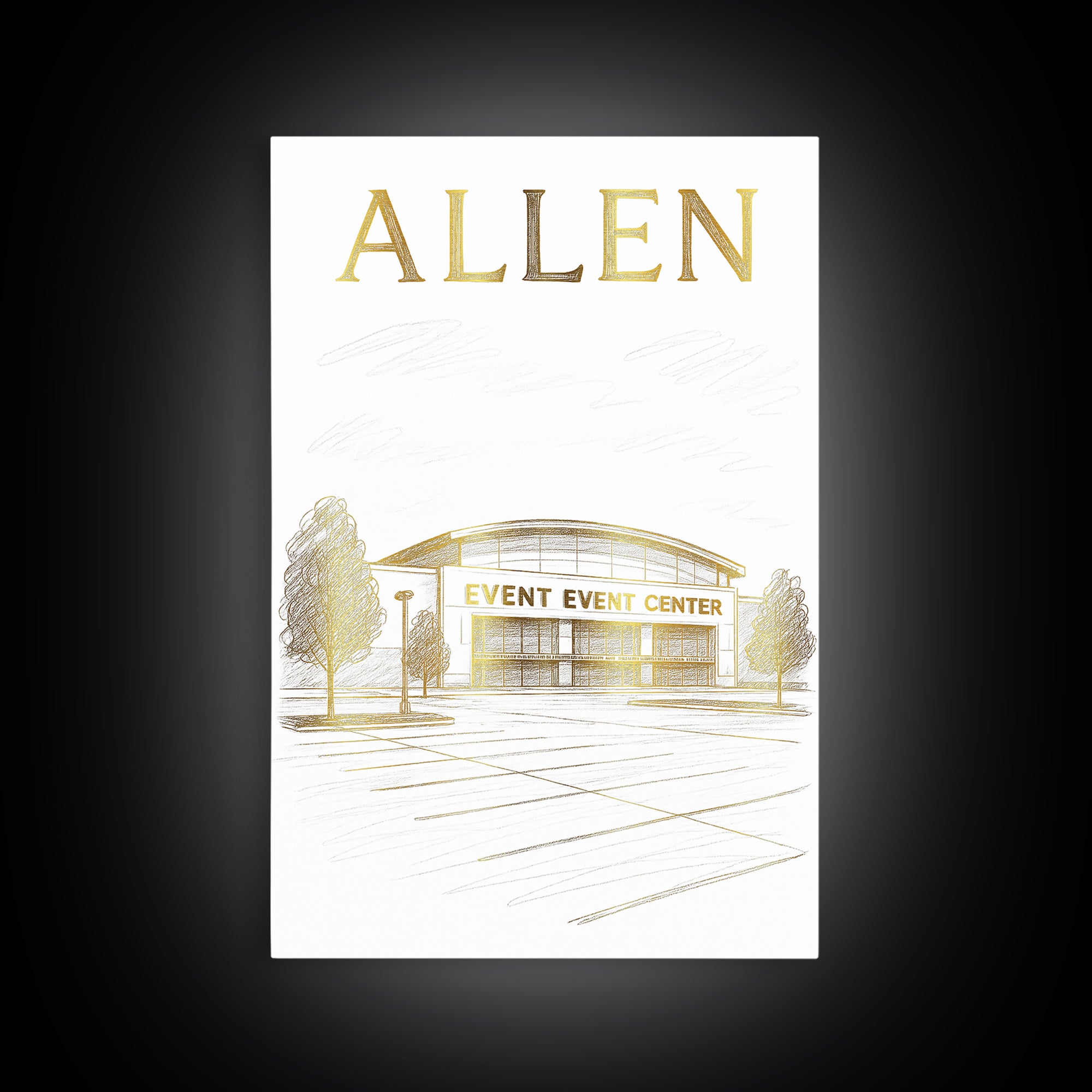 Allen Texas Travel Poster, Canvas Print, Gold Line Drawing Wall Art, Allen Art Print, Office Decor, Wanderlust Decor, Eclectic Wall Decor