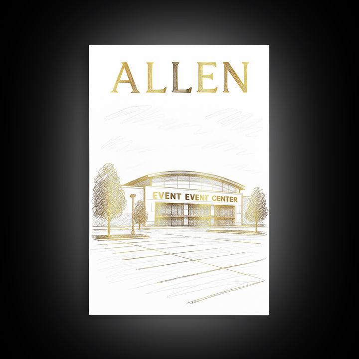 Allen Texas Travel Poster, Canvas Print, Gold Line Drawing Wall Art, Allen Art Print, Office Decor, Wanderlust Decor, Eclectic Wall Decor