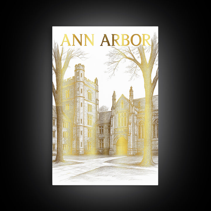 Ann Arbor Michigan Travel Poster, Canvas Print, Gold Line Drawing Wall Art, Ann Arbor Travel Art, Mid Century Wall Art, Travel Wall Decor