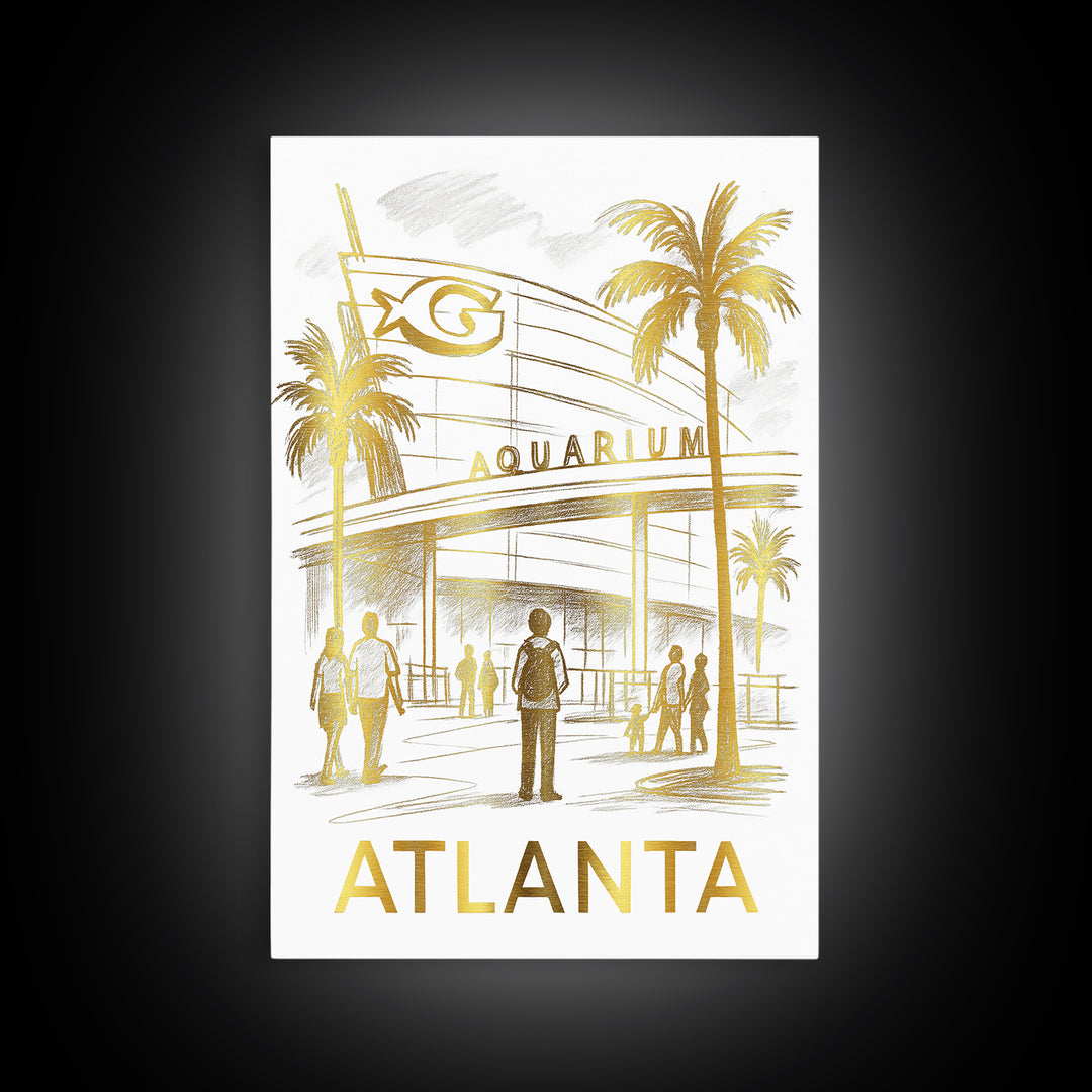 Atlanta Travel Poster, Canvas Print, White And Gold Sketch Art, Atlanta Art Print, Watercolor Skyline, Retro Travel Print, Wall Art