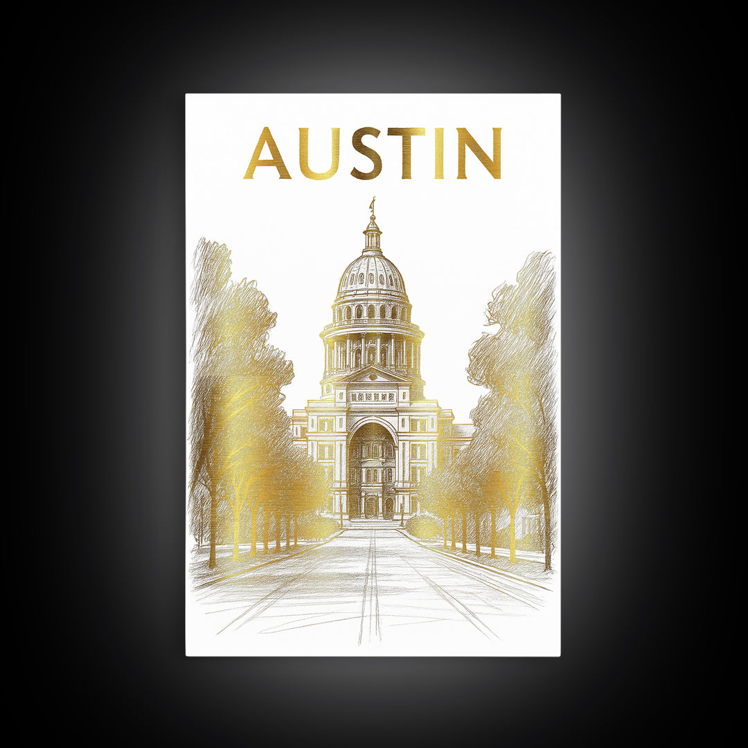 Austin Travel Poster, Framed Canvas Print, Elegant City Illustration, Austin Travel Art, City Travel Prints, Vintage City Art, Design 2