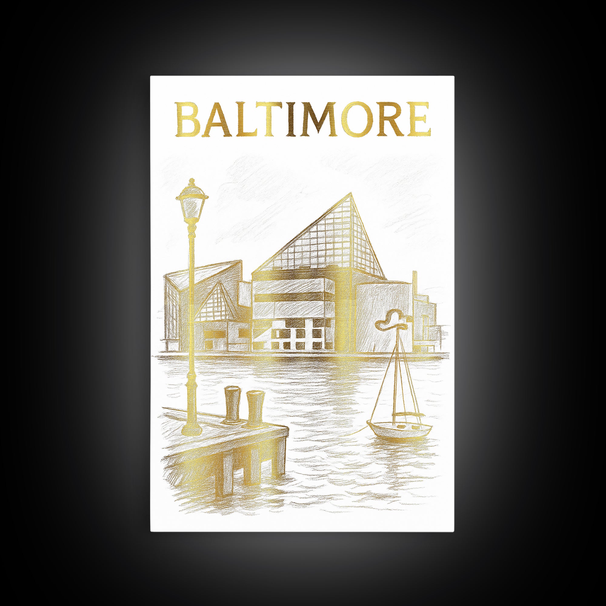 Baltimore Maryland Travel Poster, Framed Canvas Print, White And Gold Sketch Art, Baltimore Art Print, Travel Wall Decor, City Art Print