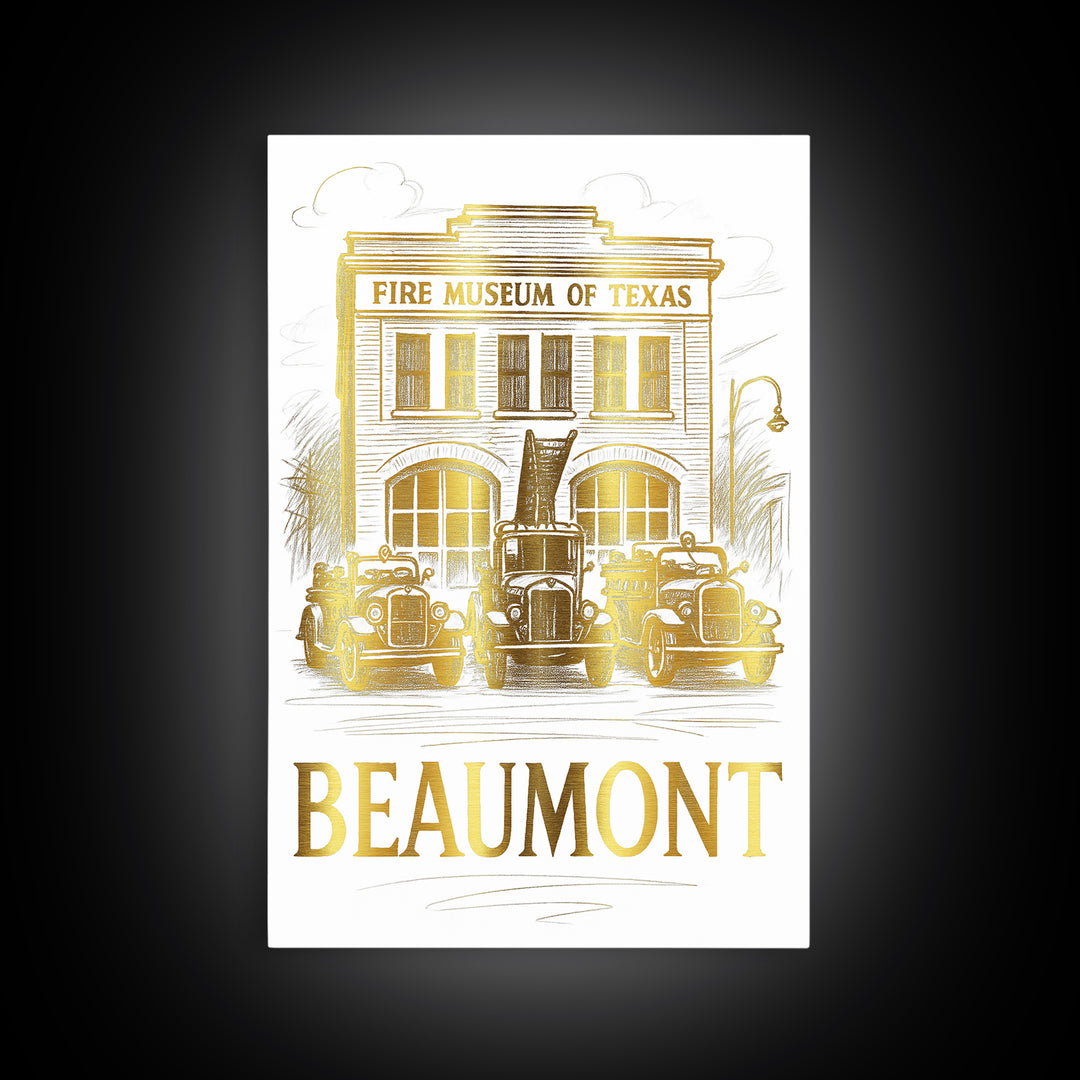 Beaumont Travel Poster, Framed Canvas Print, Gold Line Drawing Wall Art, Beaumont City Art, Home Office Decor, City Travel Prints