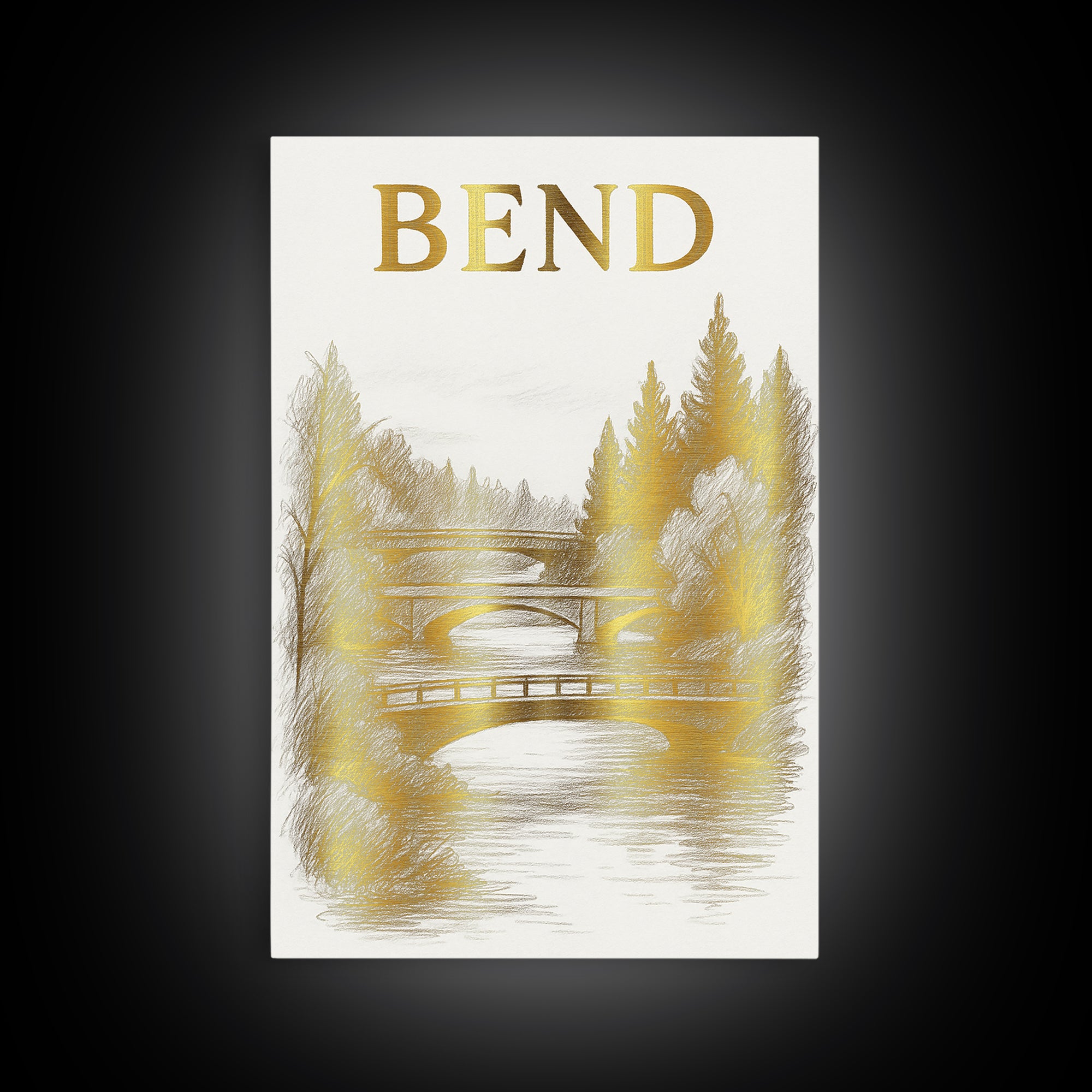 Bend Oregon Travel Poster, Canvas Print, White And Gold Sketch Art, Bend Art Print, Vintage City Poster, City Art Print, Fine Art Print
