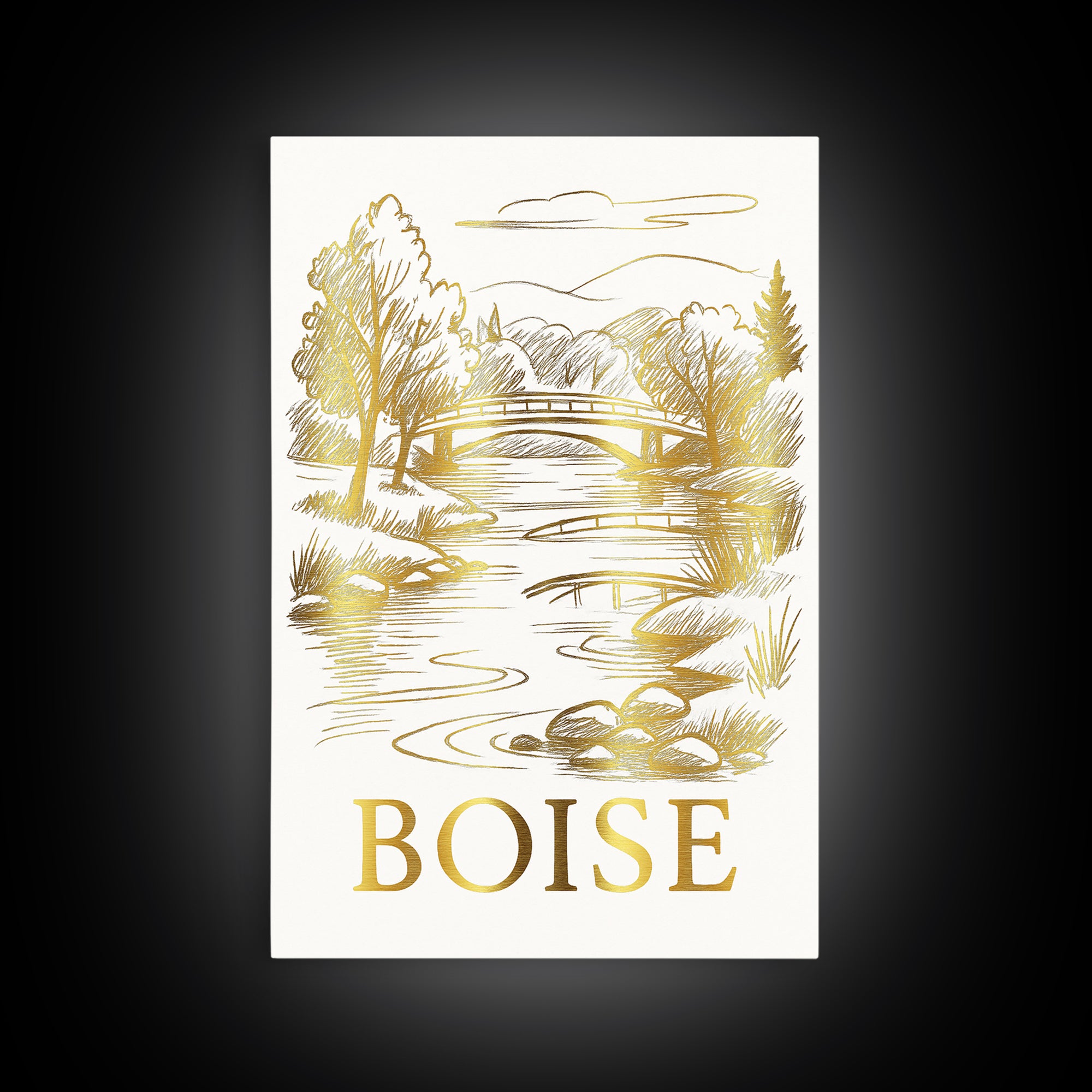 Boise Travel Poster, Canvas Print, White And Gold Sketch Art, Boise Wall Art, Eclectic Wall Decor, Wanderlust Decor, Travel Wall Art