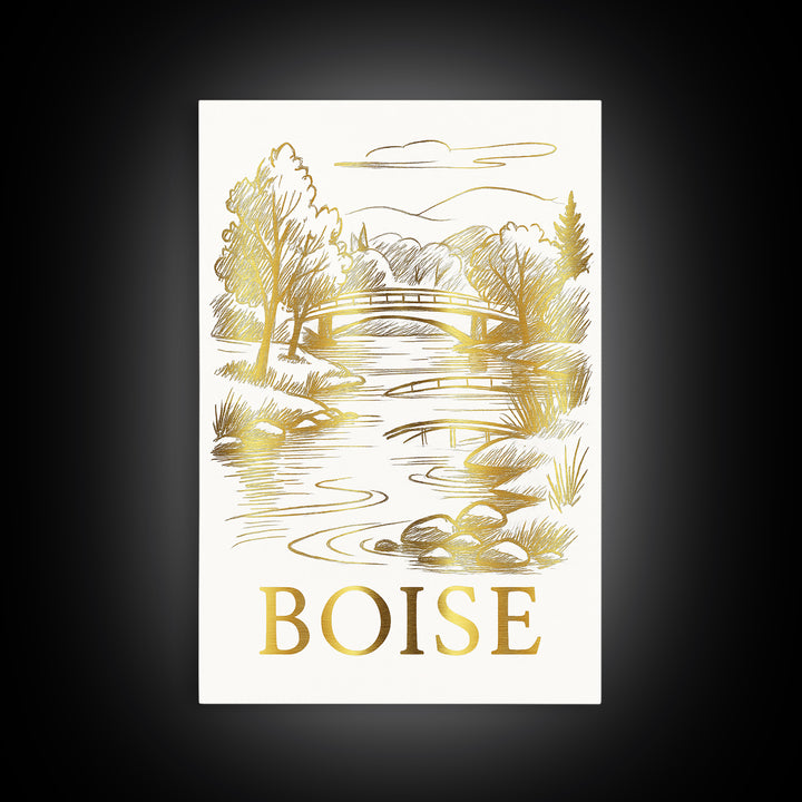 Boise Travel Poster, Canvas Print, White And Gold Sketch Art, Boise Wall Art, Eclectic Wall Decor, Wanderlust Decor, Travel Wall Art