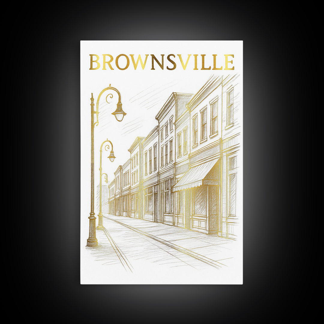 Brownsville Texas Travel Poster, Canvas Print, Gold Line Drawing Wall Art, Brownsville Wall Art, Eclectic Wall Decor, City Art Print