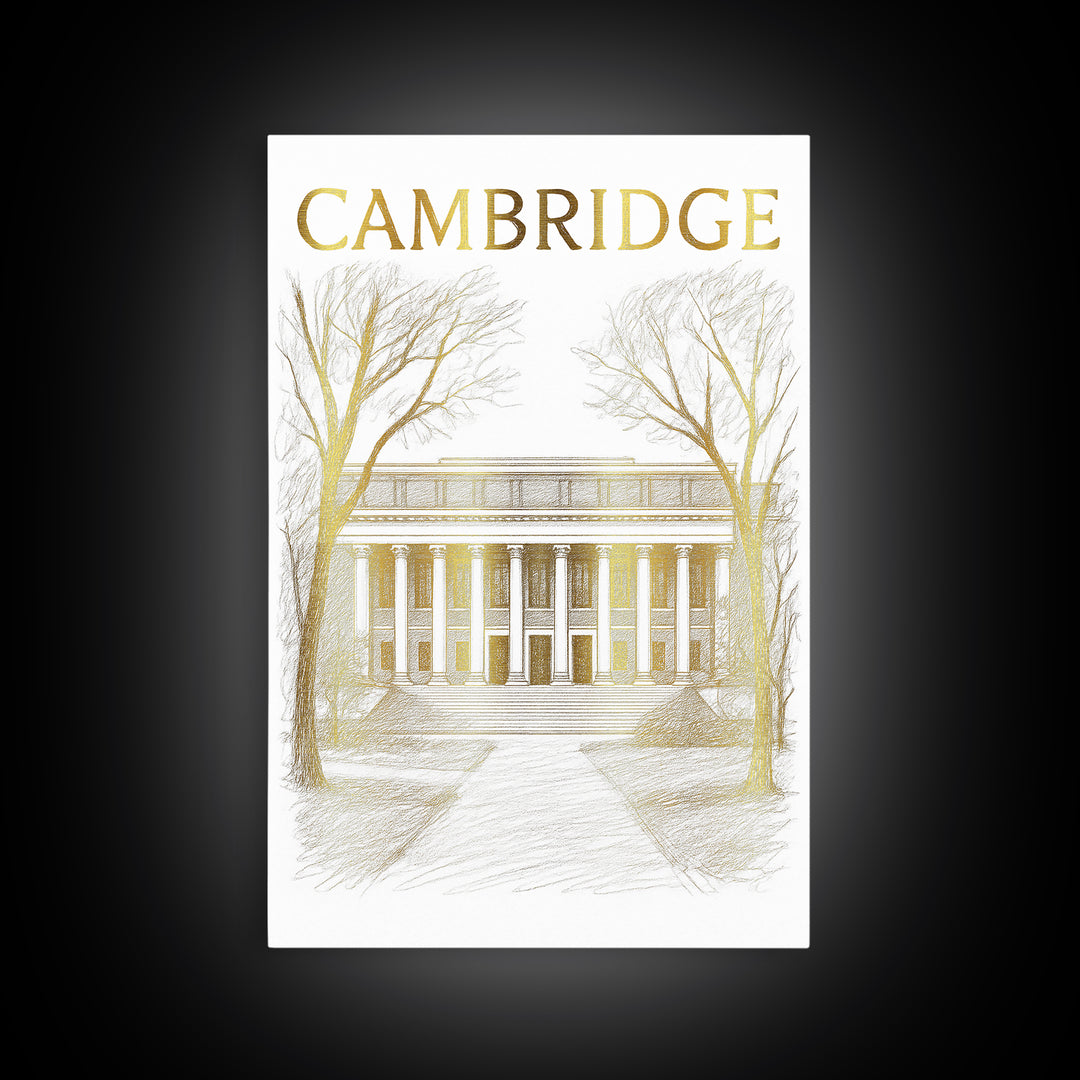 Cambridge Massachusetts Travel Poster, Canvas Print, Gold Line Drawing Wall Art, Cambridge City Art, Travel Art Print, Vintage City Art