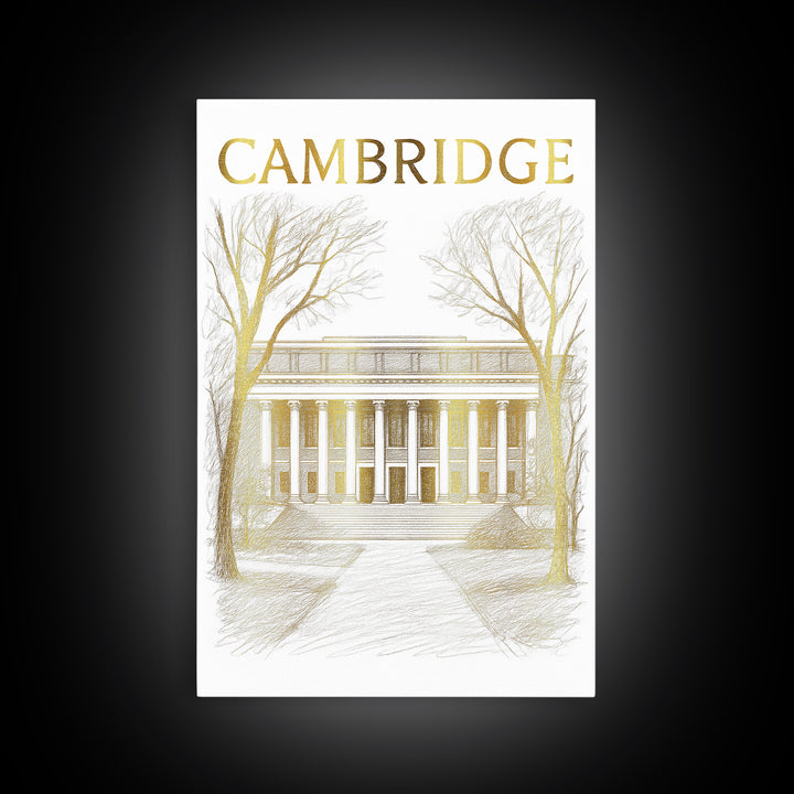 Cambridge Massachusetts Travel Poster, Canvas Print, Gold Line Drawing Wall Art, Cambridge City Art, Travel Art Print, Vintage City Art