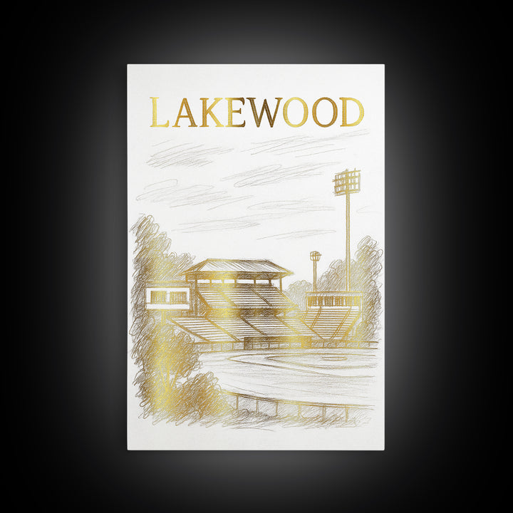 Lakewood Travel Poster, Framed Canvas Print, White And Gold Sketch Art, Lakewood Wall Art, Home Office Decor, Mid Century Wall Art