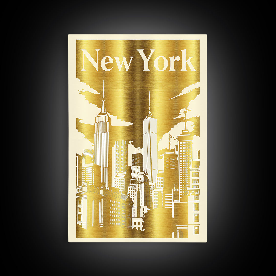 New York Travel Poster, Canvas Print, White And Gold Sketch Art, New York Wall Art, Vintage Travel Print, City Illustration, Poster Art