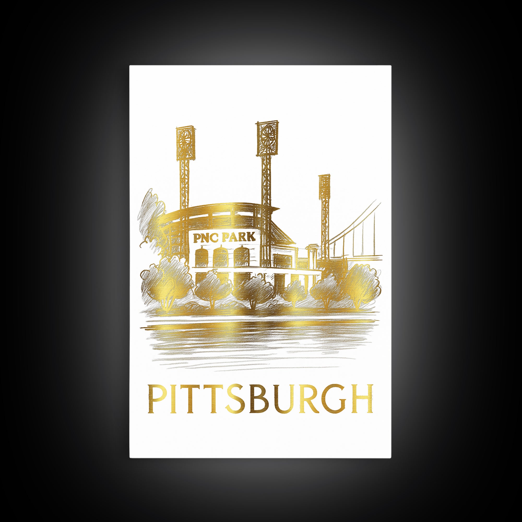 Pittsburg Travel Poster, Canvas Print, White And Gold Sketch Art, Pittsburg Wall Art, Retro Travel Print, Travel Wall Art, Vintage City Art