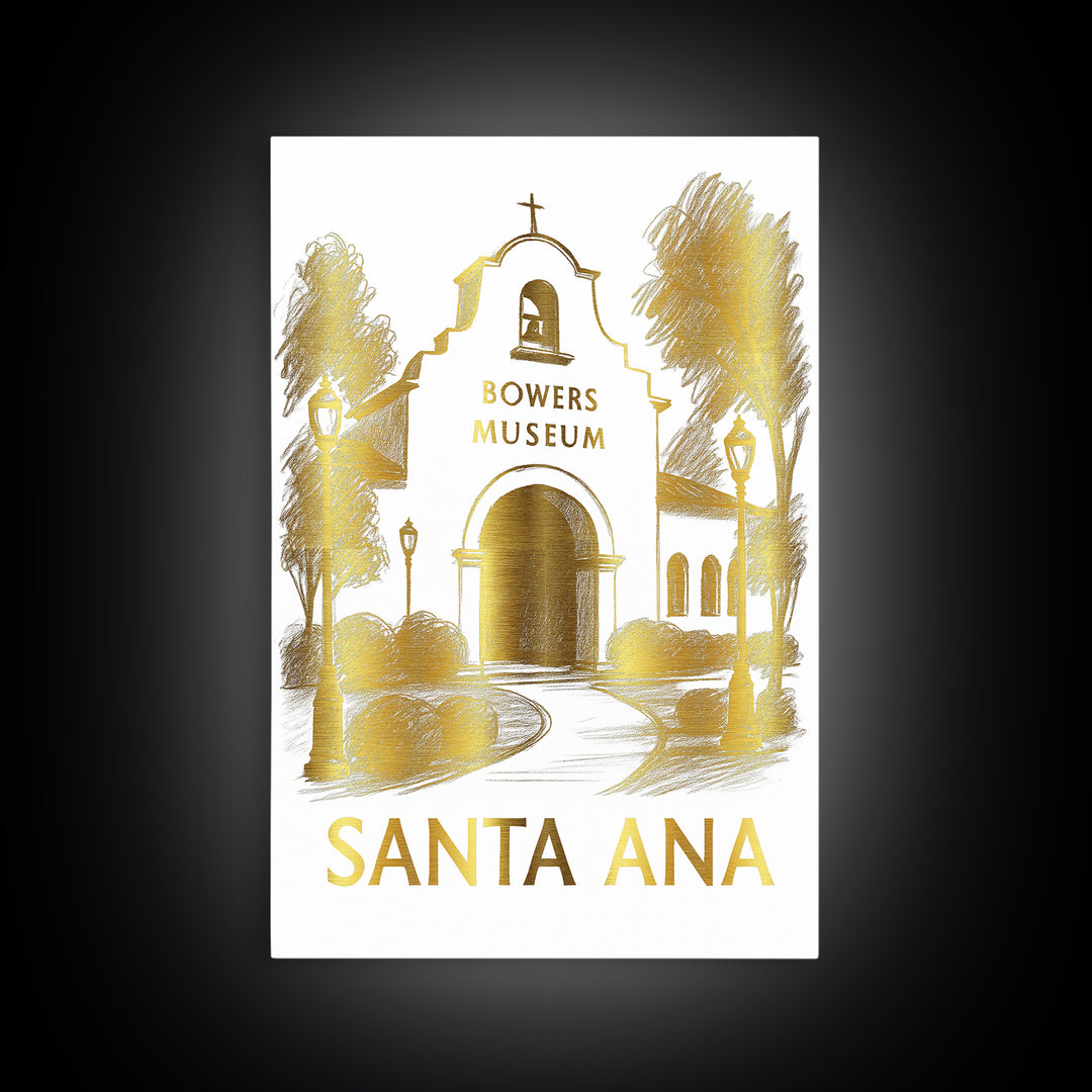 Santa Ana Travel Poster, Framed Canvas Print, White And Gold Sketch Art, Santa Ana Poster Print, Gift For Travelers, Vintage City Poster
