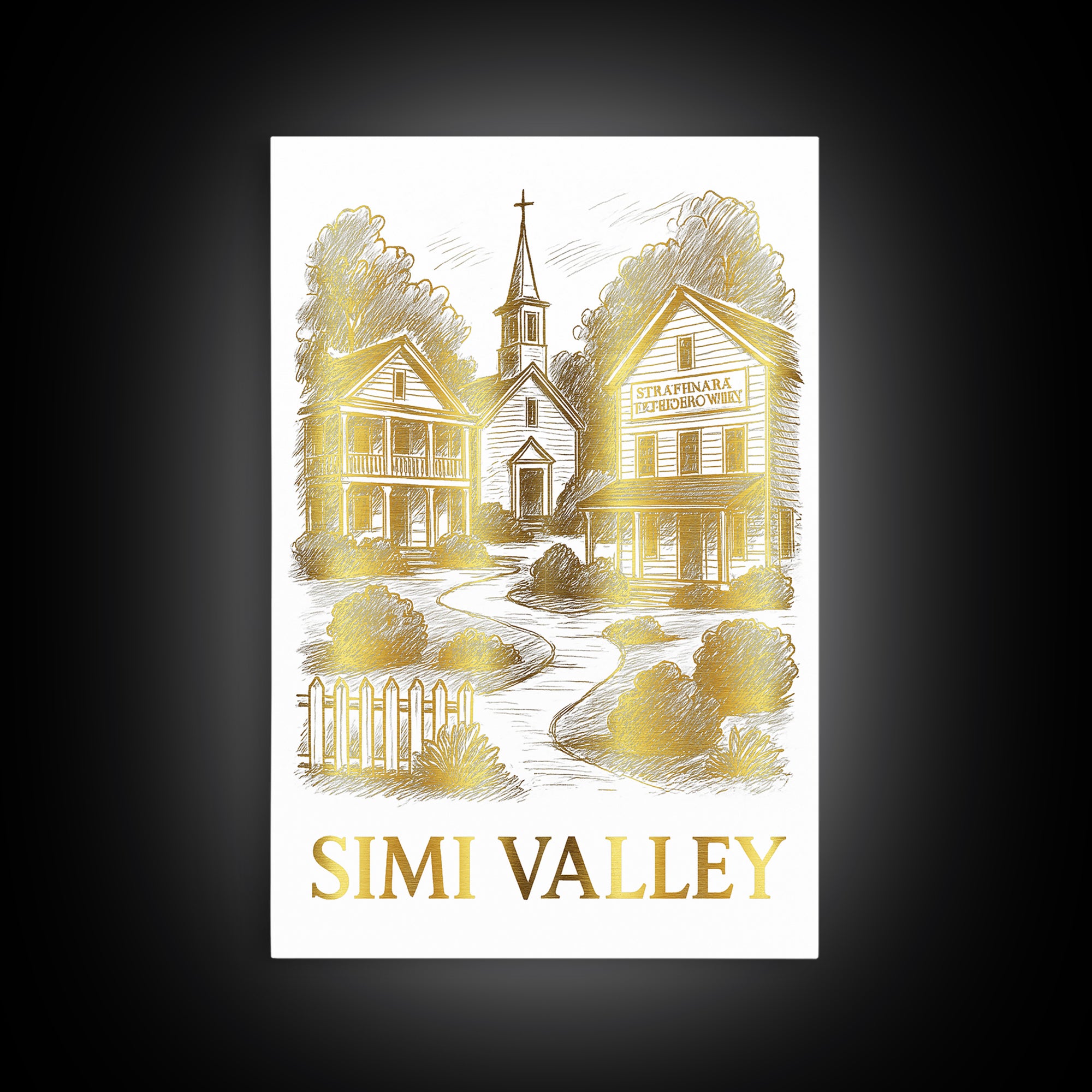 Simi Valley Travel Poster, Framed Canvas Print, White And Gold Sketch Art, Simi Valley Wall Art, Mid Century Wall Art, Retro Travel Print