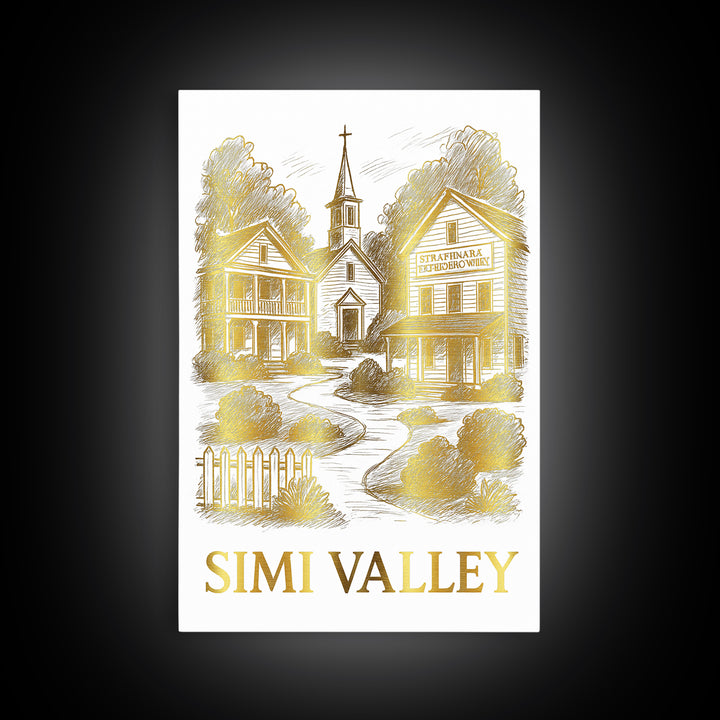 Simi Valley Travel Poster, Framed Canvas Print, White And Gold Sketch Art, Simi Valley Wall Art, Mid Century Wall Art, Retro Travel Print