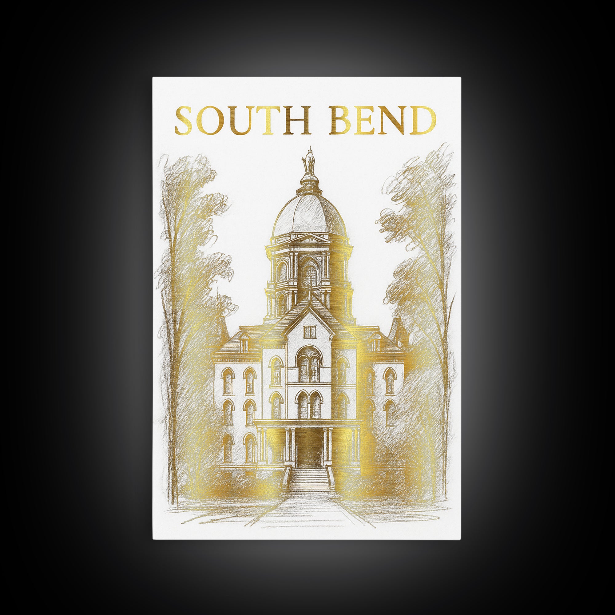 South Bend Indiana Travel Poster, Canvas Print, Gold Line Drawing Wall Art, South Bend City Art, Art Print, Watercolor Skyline, Design 1