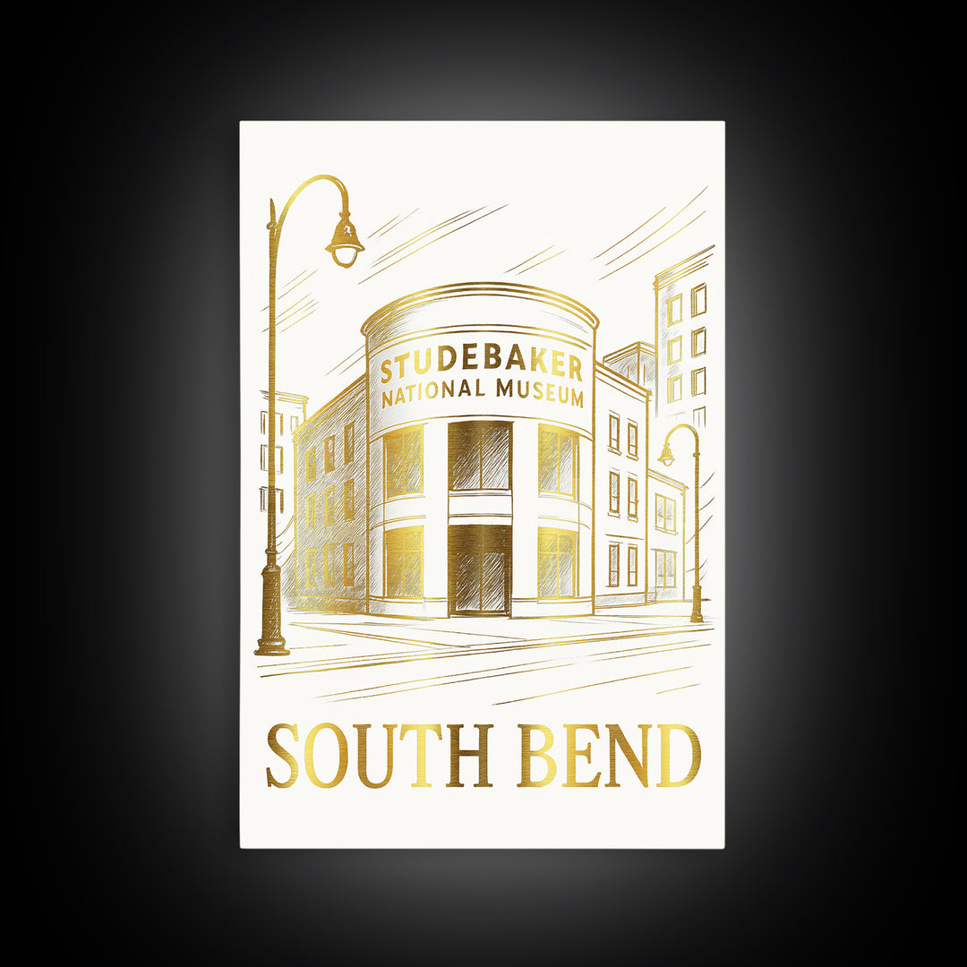 South Bend Travel Poster, Canvas Print, White And Gold Sketch Art, South Bend Wall Art, Modern Wall Decor, Eclectic Wall Decor