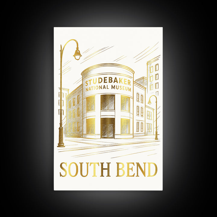 South Bend Travel Poster, Canvas Print, White And Gold Sketch Art, South Bend Wall Art, Modern Wall Decor, Eclectic Wall Decor