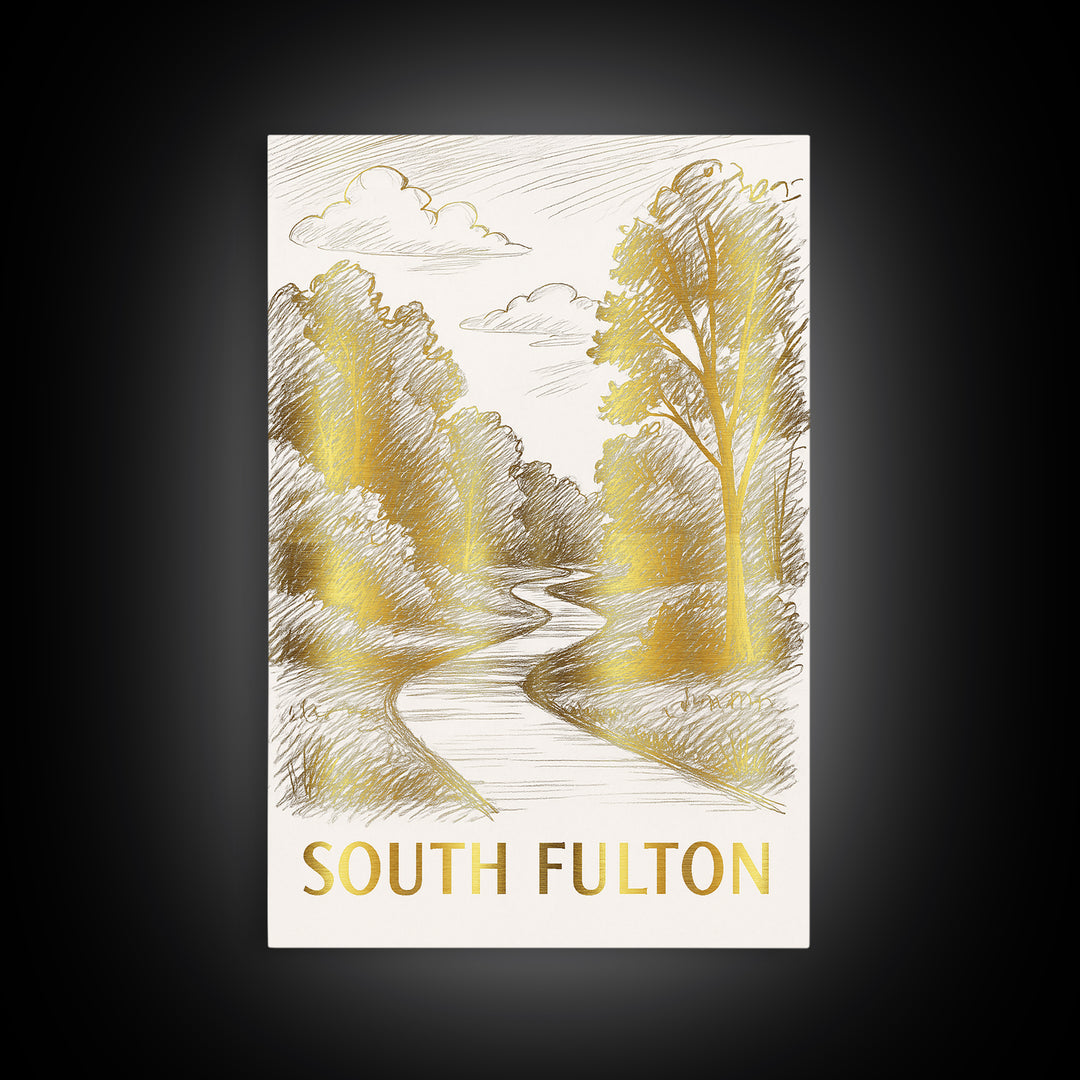 South Fulton Travel Poster, Canvas Print, Gold Line Drawing Wall Art, South Fulton Wall Art, Modern Wall Decor, Mid Century Wall Art