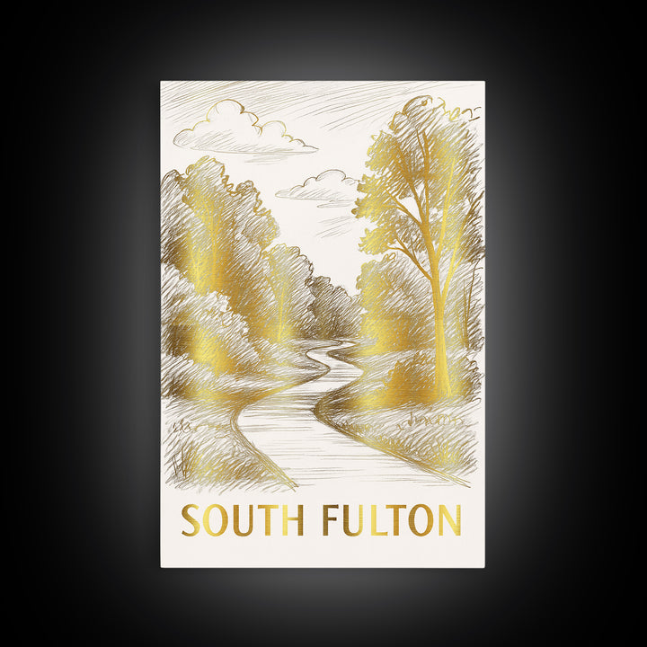South Fulton Travel Poster, Canvas Print, Gold Line Drawing Wall Art, South Fulton Wall Art, Modern Wall Decor, Mid Century Wall Art