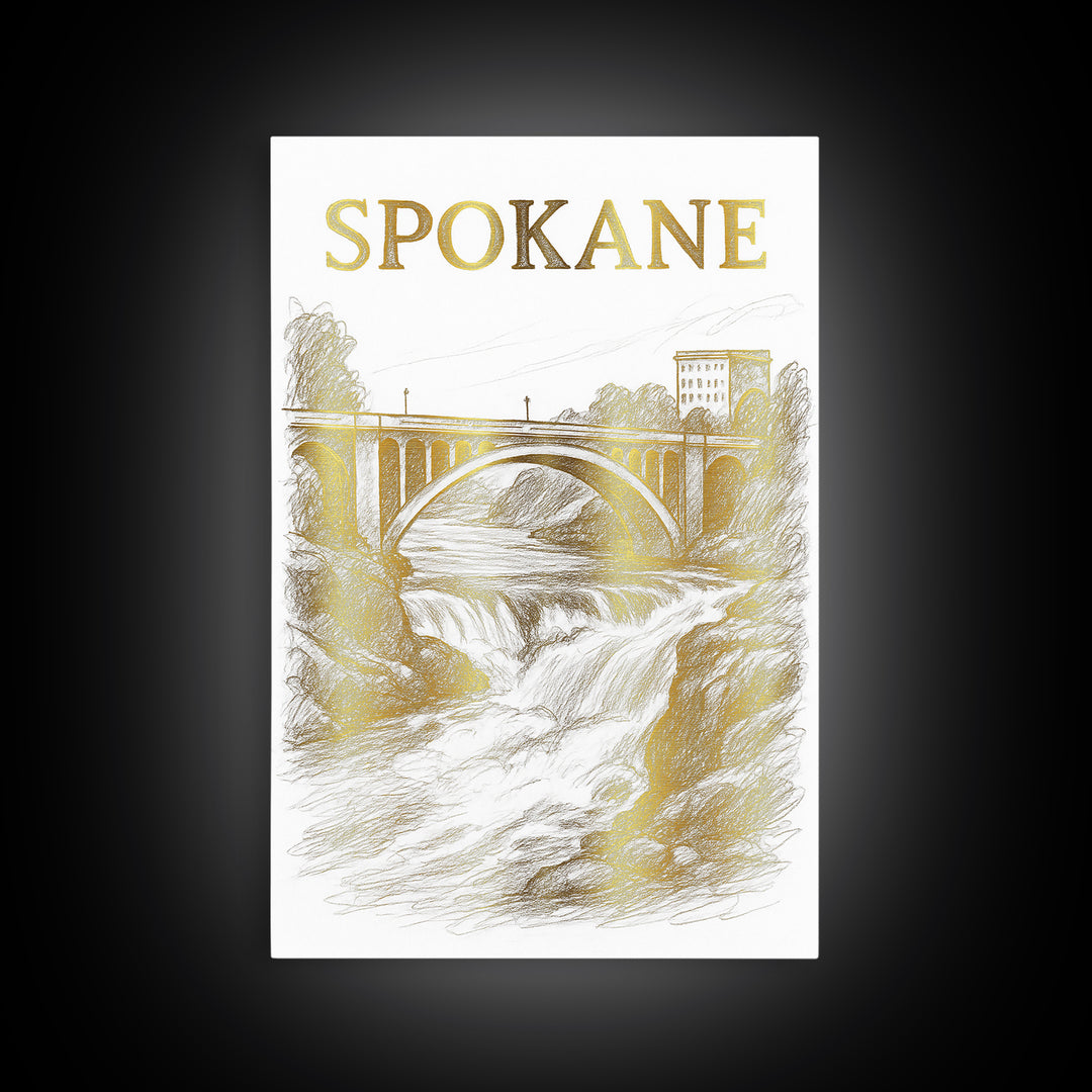Spokane Washington Travel Poster, Canvas Print, Gold Line Drawing Wall Art, Spokane Travel Art, Retro Travel Print, Vintage Travel Art