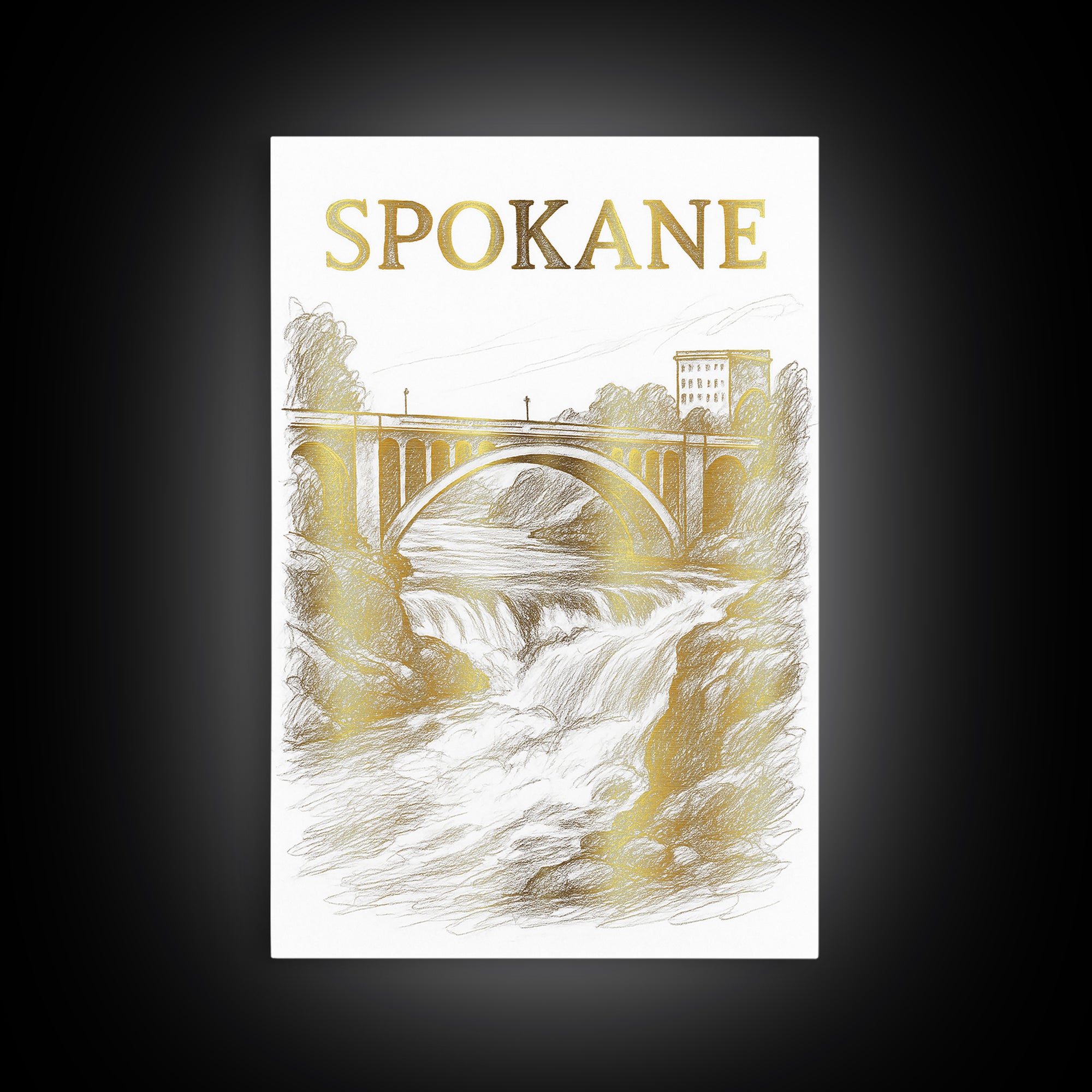 Spokane Washington Travel Poster, Canvas Print, Gold Line Drawing Wall Art, Spokane Travel Art, Retro Travel Print, Vintage Travel Art