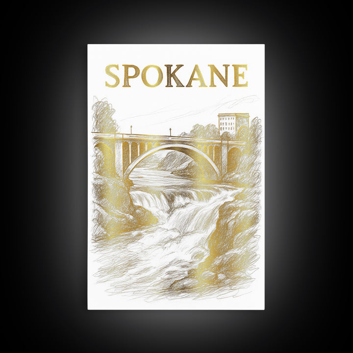 Spokane Washington Travel Poster, Canvas Print, Gold Line Drawing Wall Art, Spokane Travel Art, Retro Travel Print, Vintage Travel Art