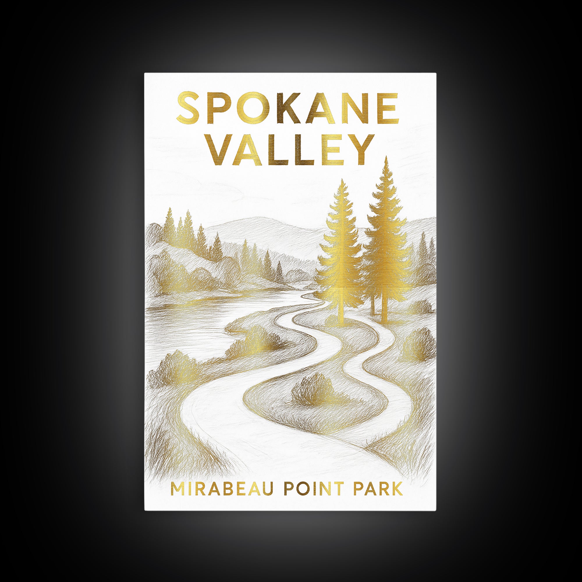 Spokane Valley Washington Travel Poster, Canvas Print, White And Gold Sketch Art, Spokane Valley Art Print, Watercolor Skyline, Wall Art