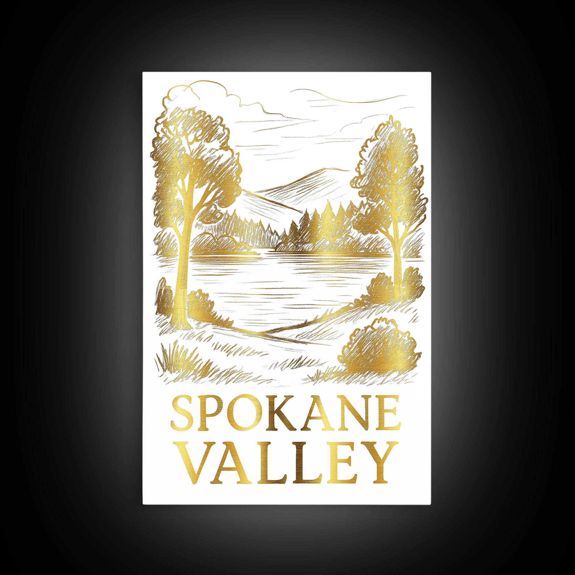 Spokane Valley Travel Poster, Framed Canvas Print, Gold Line Drawing Wall Art, Spokane Valley Travel Art, Travel Poster Set, Wall Art