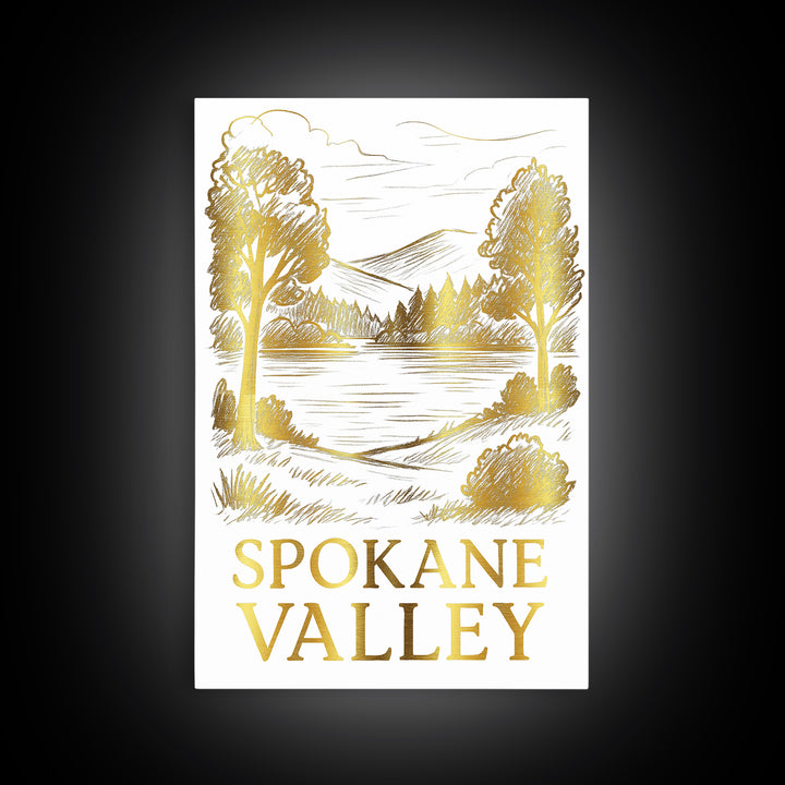 Spokane Valley Travel Poster, Framed Canvas Print, Gold Line Drawing Wall Art, Spokane Valley Travel Art, Travel Poster Set, Wall Art