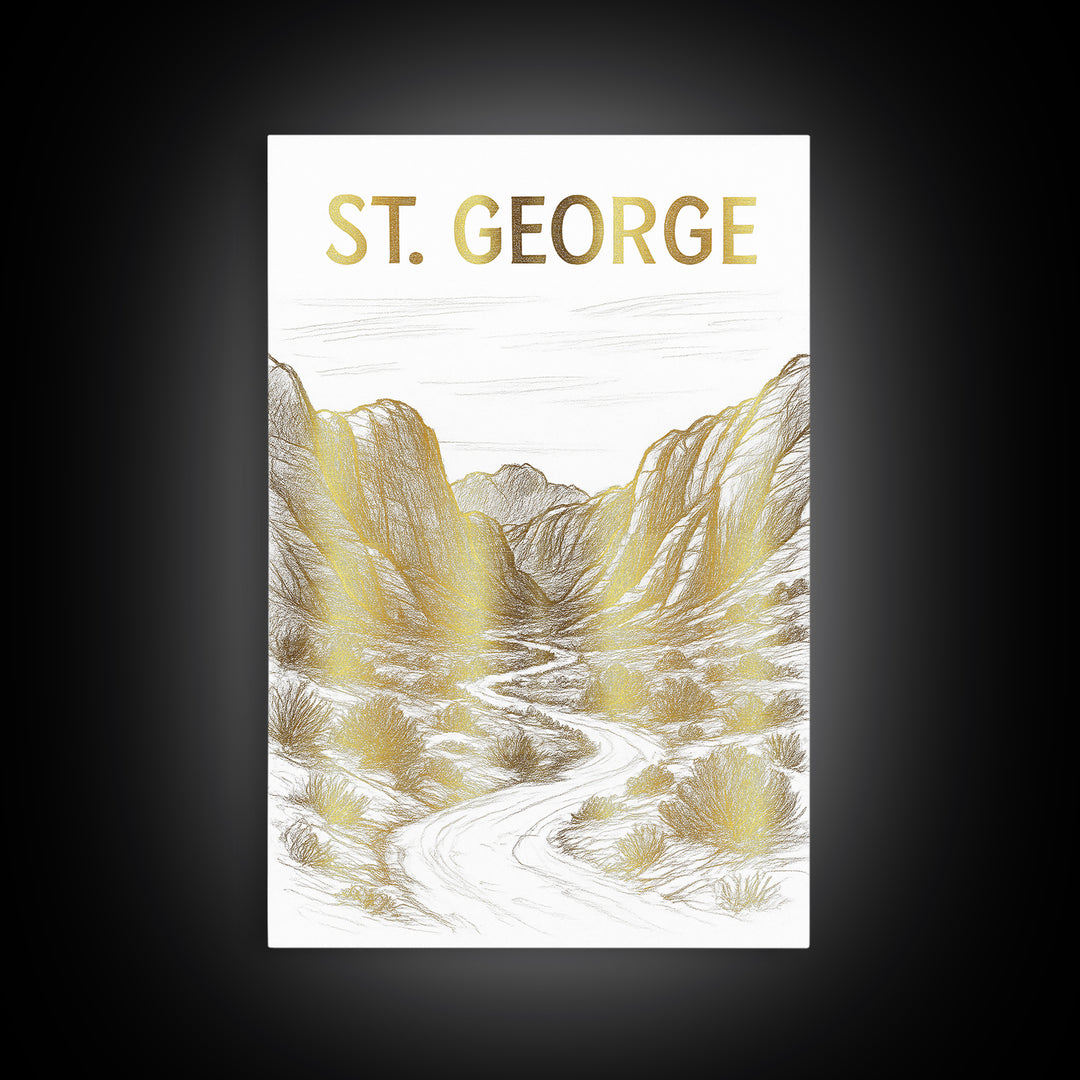 St George Utah Travel Poster, Canvas Print, White And Gold Sketch Art, St George Wall Art, Fine Art Print, Poster Art, Travel Poster Set