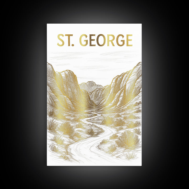 St George Utah Travel Poster, Canvas Print, White And Gold Sketch Art, St George Wall Art, Fine Art Print, Poster Art, Travel Poster Set