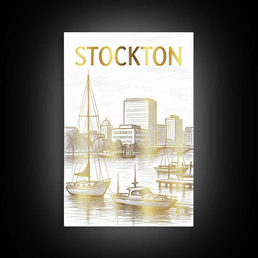 Stockton California Travel Poster, Canvas Print, White And Gold Sketch Art, Stockton Art Print, City Travel Prints, Wall Decor, Home Decor