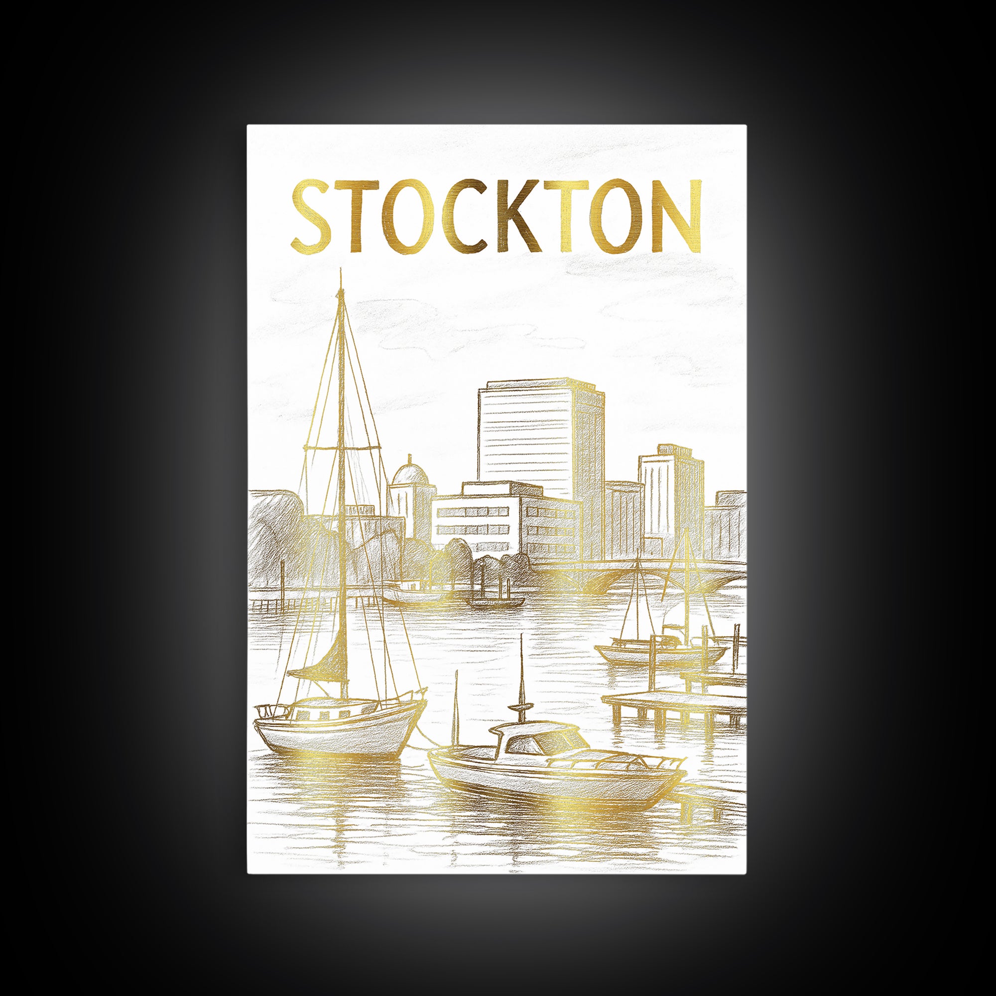 Stockton California Travel Poster, Canvas Print, White And Gold Sketch Art, Stockton Art Print, City Travel Prints, Wall Decor, Home Decor