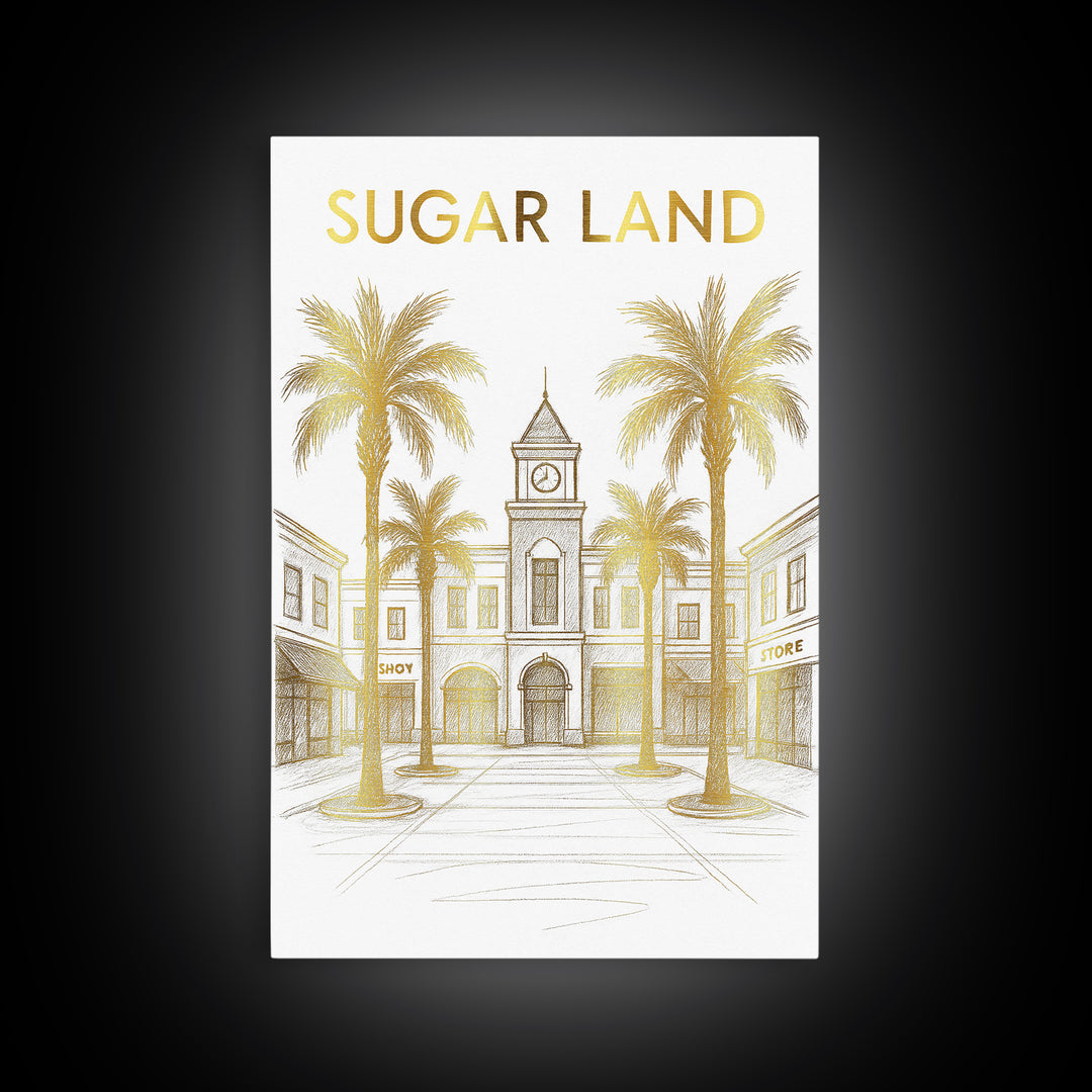 Sugar Land Travel Poster, Canvas Print, Elegant City Illustration, Sugar Land Wall Art, Watercolor Downtown Skyline, Travel Poster Art