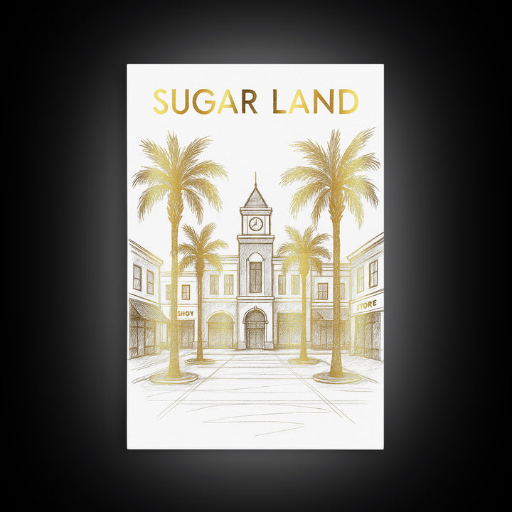 Sugar Land Travel Poster, Canvas Print, Elegant City Illustration, Sugar Land Wall Art, Watercolor Downtown Skyline, Travel Poster Art