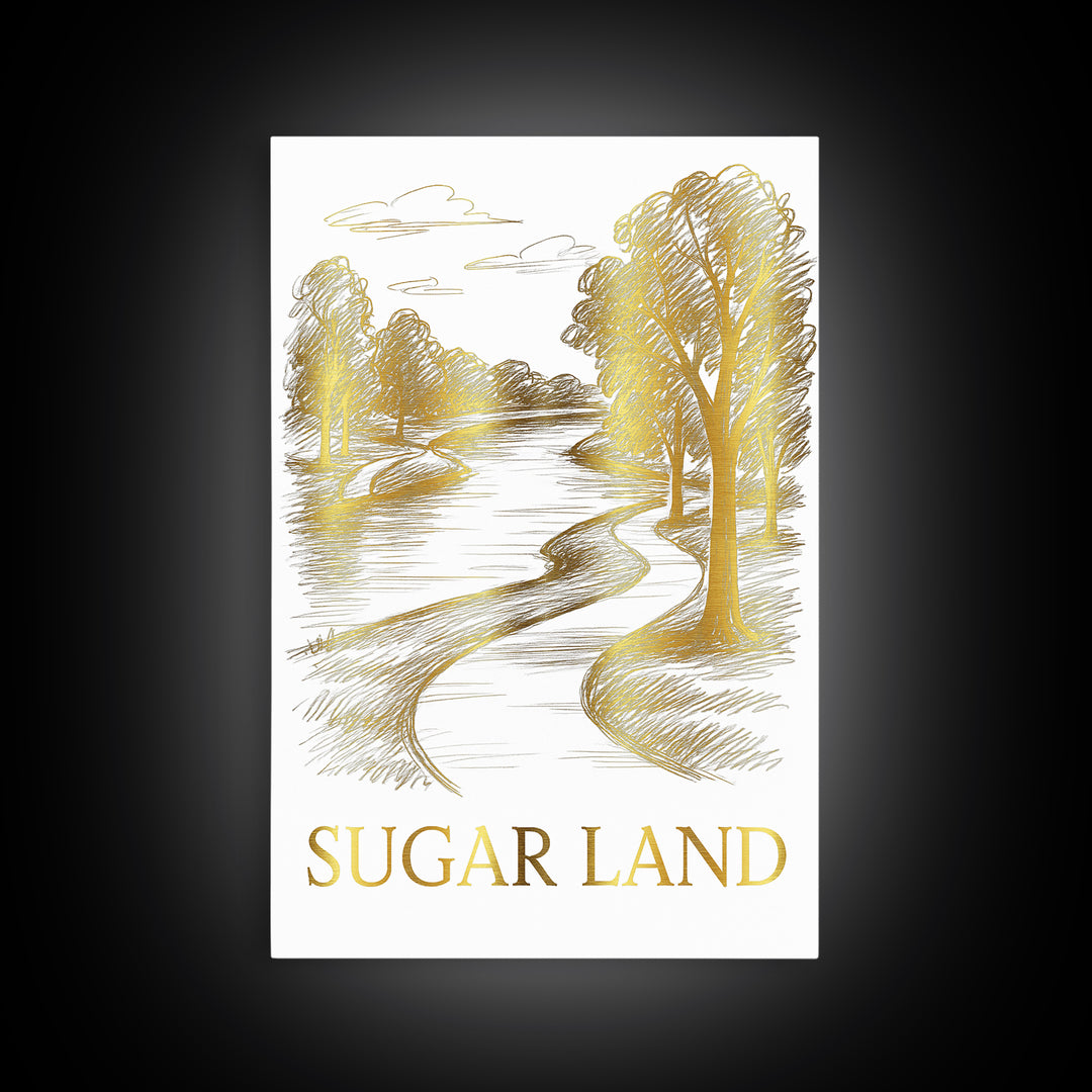 Sugarland Travel Poster, Framed Canvas Print, White And Gold Sketch Art, Sugarland City Art, Wanderlust Decor, City Travel Prints