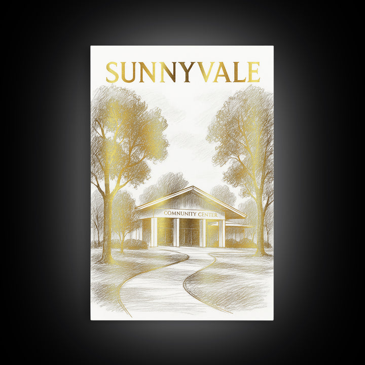 Sunnyvale California Travel Poster, Canvas Print, Gold Line Drawing Wall Art, Sunnyvale Wall Art, Travel Poster Art, Living Room Wall Art