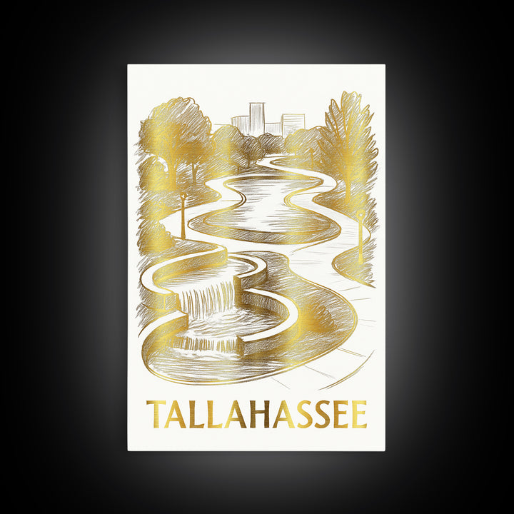 Tallahassee Travel Poster, Canvas Print, White And Gold Sketch Art, Tallahassee Art Print, Watercolor City Skyline, Travel Art Print