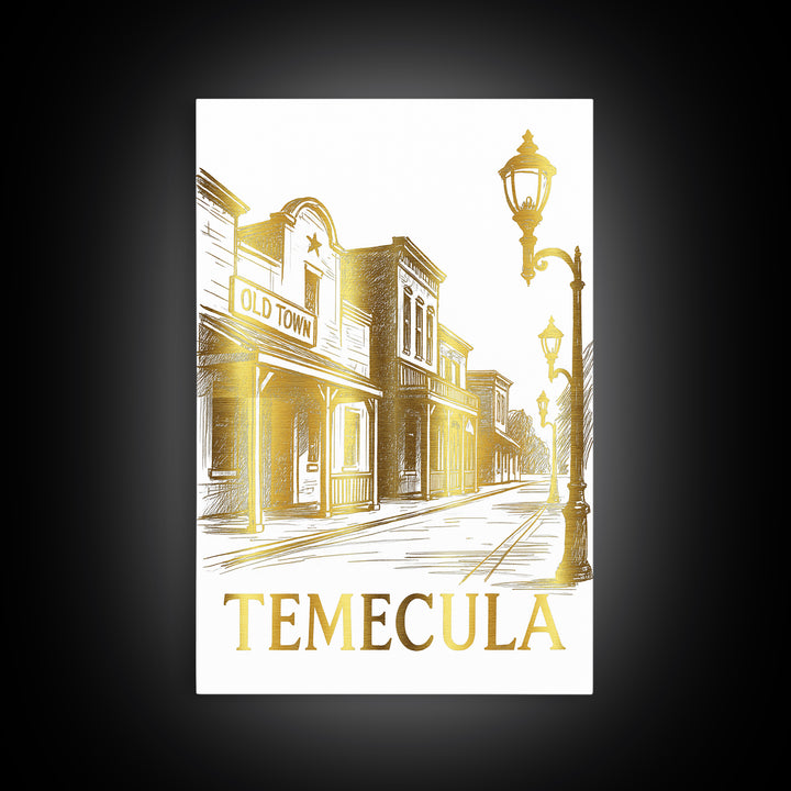 Temecula Travel Poster, Canvas Print, White And Gold Sketch Art, Temecula Travel Art, Vintage City Poster, Travel Poster Art, Design 2