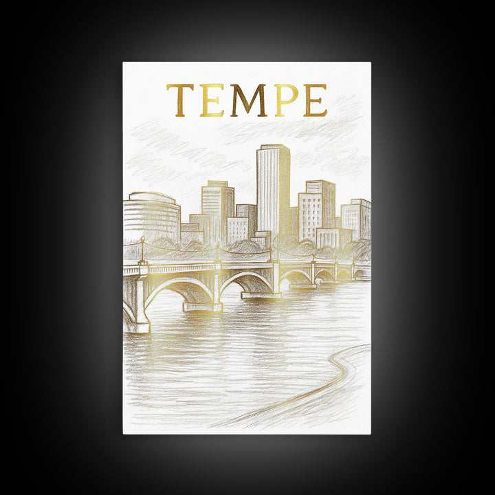 Tempe Arizona Travel Poster, Framed Canvas Print, White And Gold Sketch Art, Tempe City Art, Mid Century Wall Art, Eclectic Wall Decor